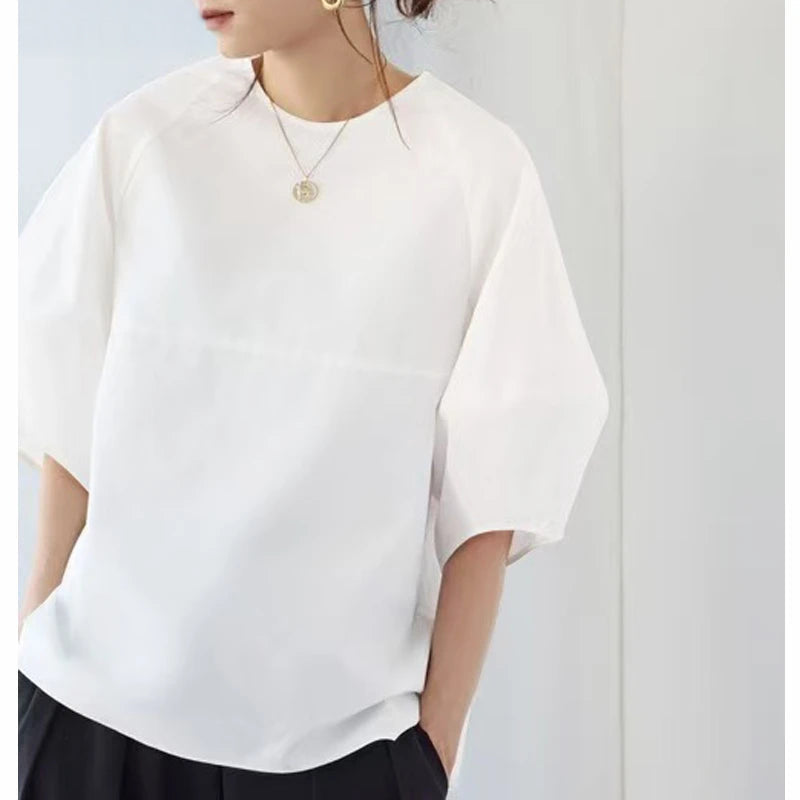 Casual Puff Sleeve Blouse | Summer O-Neck Loose Top -  Écru Doux