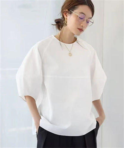 Casual Puff Sleeve Blouse | Summer O-Neck Loose Top -  Écru Doux