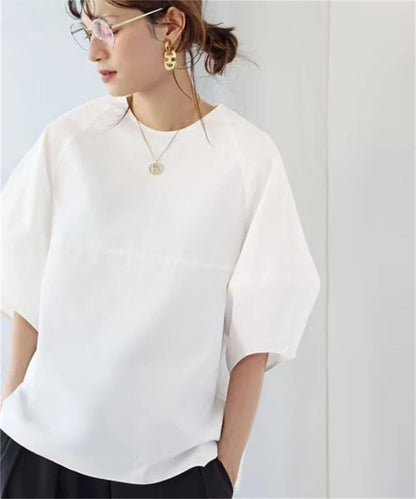 Casual Puff Sleeve Blouse | Summer O-Neck Loose Top -  Écru Doux