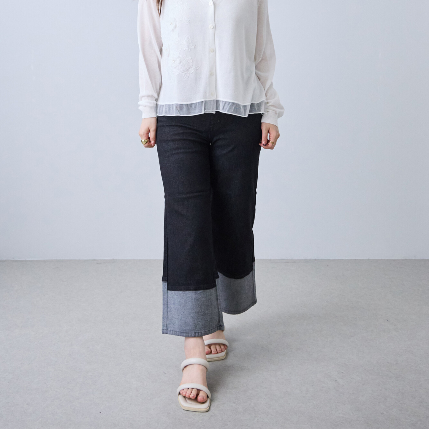 Turnback Wide Leg Denim Pants  Relaxed Roll-Up Jeans -  Écru Doux