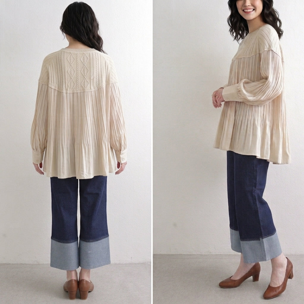 Turnback Wide Leg Denim Pants  Relaxed Roll-Up Jeans -  Écru Doux