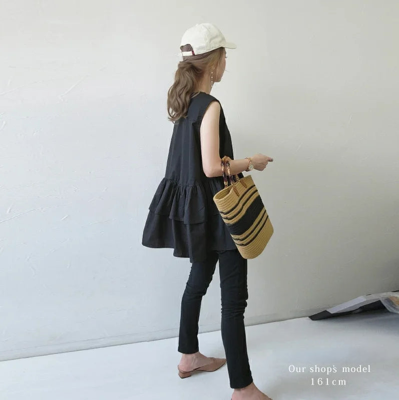 Japanese Style Ruffle Vest Top | Loose Fit Layered Blouse -  Écru Doux
