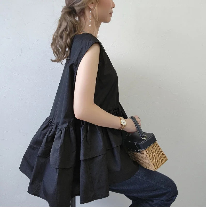 Japanese Style Ruffle Vest Top | Loose Fit Layered Blouse -  Écru Doux