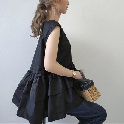 Japanese Style Ruffle Vest Top | Loose Fit Layered Blouse -  Écru Doux