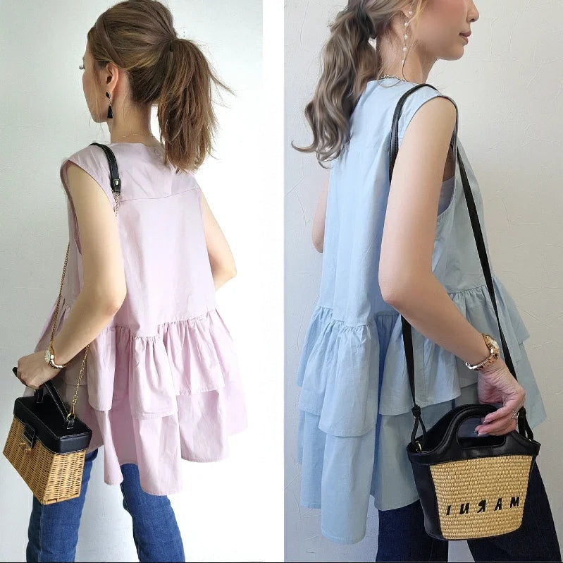 Japanese Style Ruffle Vest Top | Loose Fit Layered Blouse -  Écru Doux