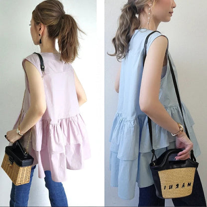 Japanese Style Ruffle Vest Top | Loose Fit Layered Blouse -  Écru Doux