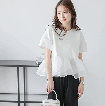 Japanese Style Short-Sleeved Ruffles Splicing T-Shirts -  Écru Doux