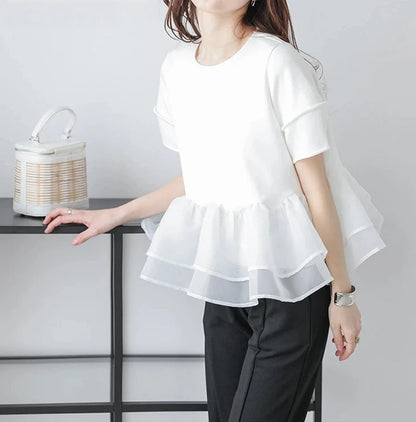 Japanese Style Short-Sleeved Ruffles Splicing T-Shirts -  Écru Doux