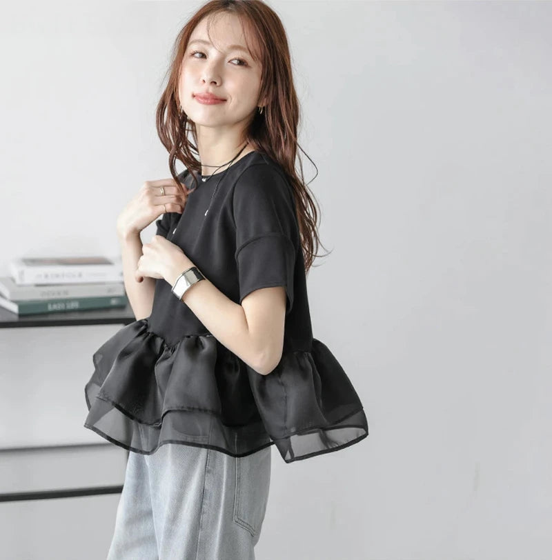 Japanese Style Short-Sleeved Ruffles Splicing T-Shirts -  Écru Doux