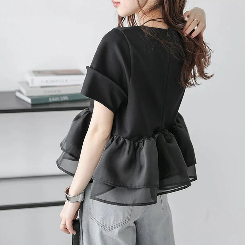 Japanese Style Short-Sleeved Ruffles Splicing T-Shirts -  Écru Doux