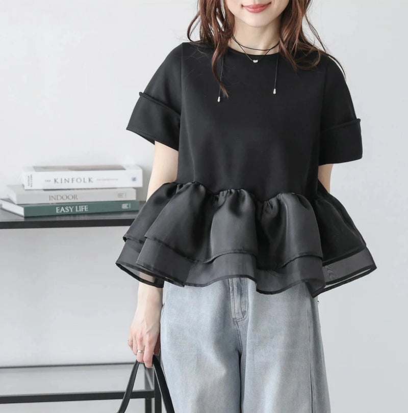 Japanese Style Short-Sleeved Ruffles Splicing T-Shirts -  Écru Doux