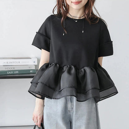 Japanese Style Short-Sleeved Ruffles Splicing T-Shirts -  Écru Doux