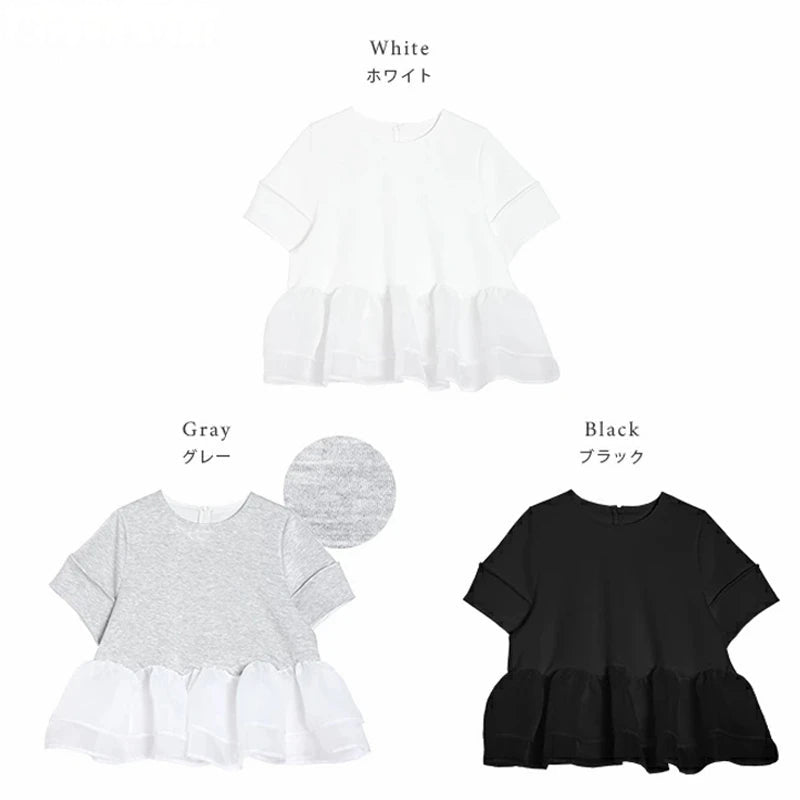 Japanese Style Short-Sleeved Ruffles Splicing T-Shirts -  Écru Doux