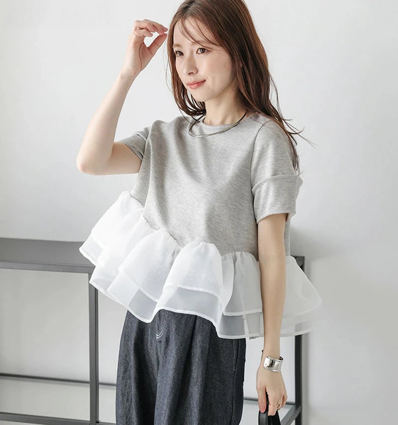 Japanese Style Short-Sleeved Ruffles Splicing T-Shirts -  Écru Doux