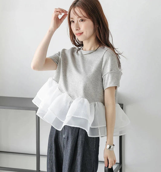 Japanese Style Short-Sleeved Ruffles Splicing T-Shirts -  Écru Doux