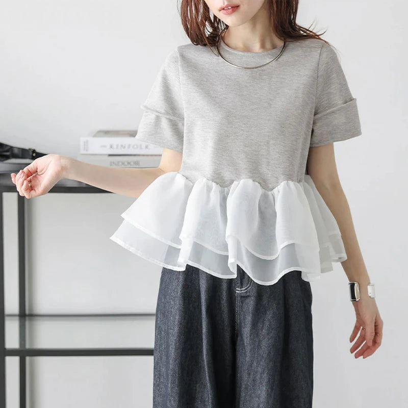 Japanese Style Short-Sleeved Ruffles Splicing T-Shirts -  Écru Doux