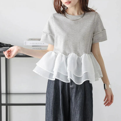 Japanese Style Short-Sleeved Ruffles Splicing T-Shirts -  Écru Doux