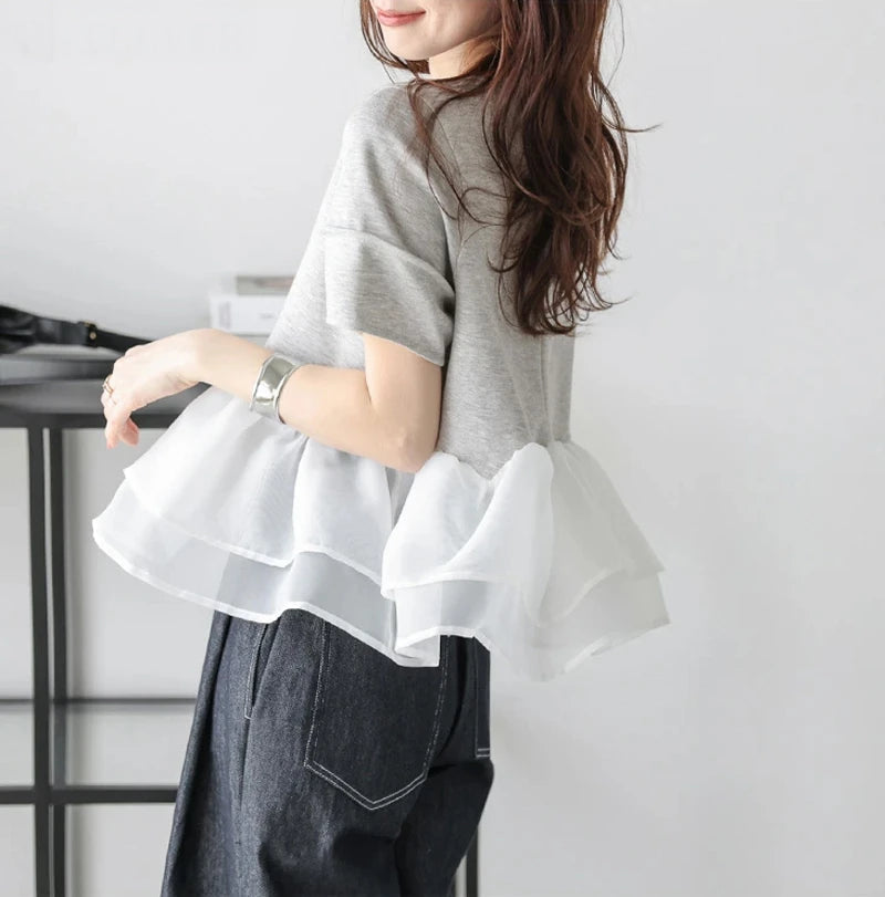 Japanese Style Short-Sleeved Ruffles Splicing T-Shirts -  Écru Doux