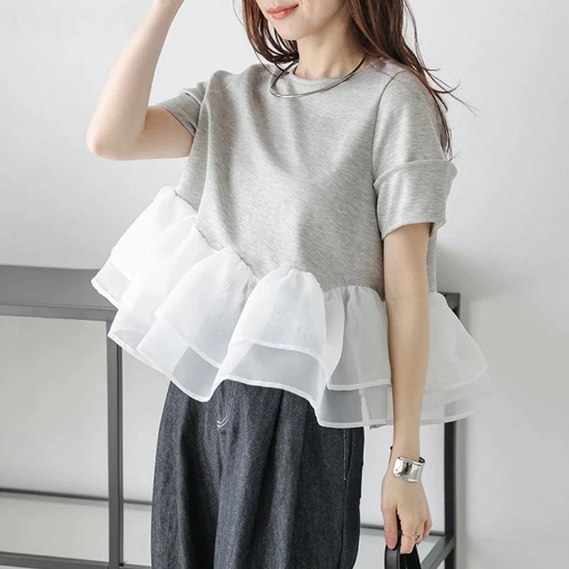 Japanese Style Short-Sleeved Ruffles Splicing T-Shirts -  Écru Doux