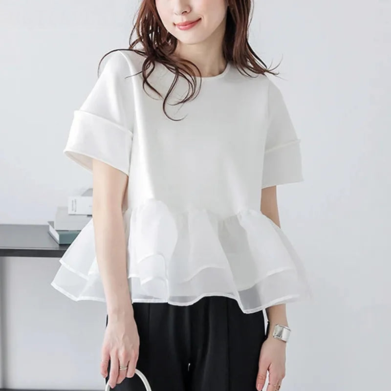 Japanese Style Short-Sleeved Ruffles Splicing T-Shirts -  Écru Doux