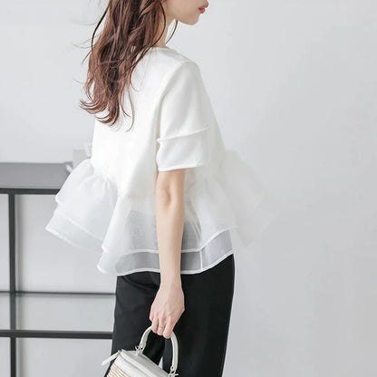 Japanese Style Short-Sleeved Ruffles Splicing T-Shirts -  Écru Doux