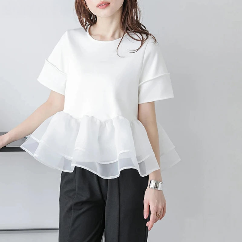 Japanese Style Short-Sleeved Ruffles Splicing T-Shirts -  Écru Doux