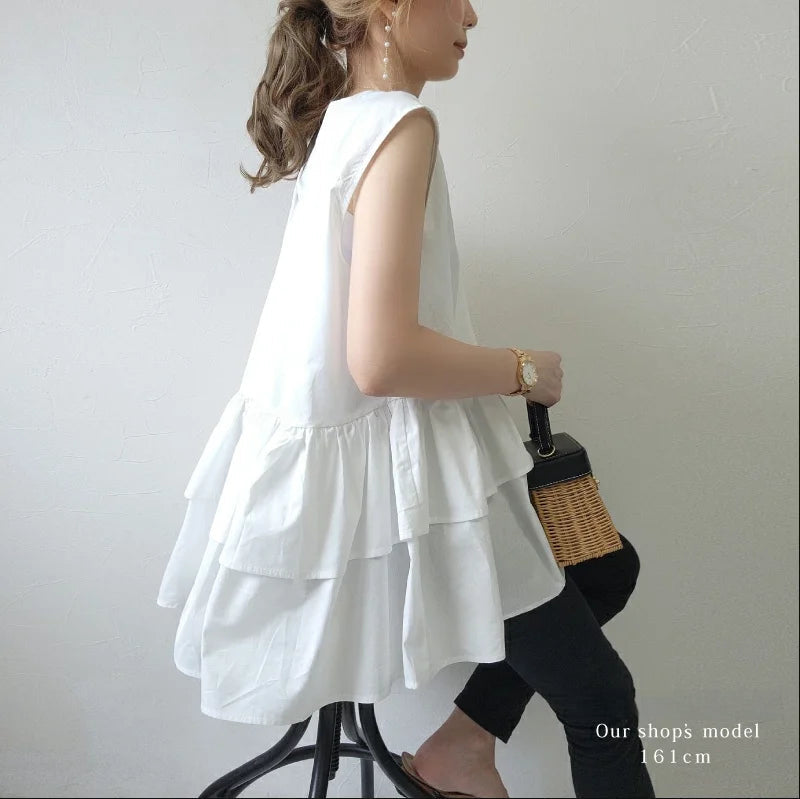 Japanese Style Ruffle Vest Top | Loose Fit Layered Blouse -  Écru Doux