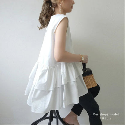 Japanese Style Ruffle Vest Top | Loose Fit Layered Blouse -  Écru Doux