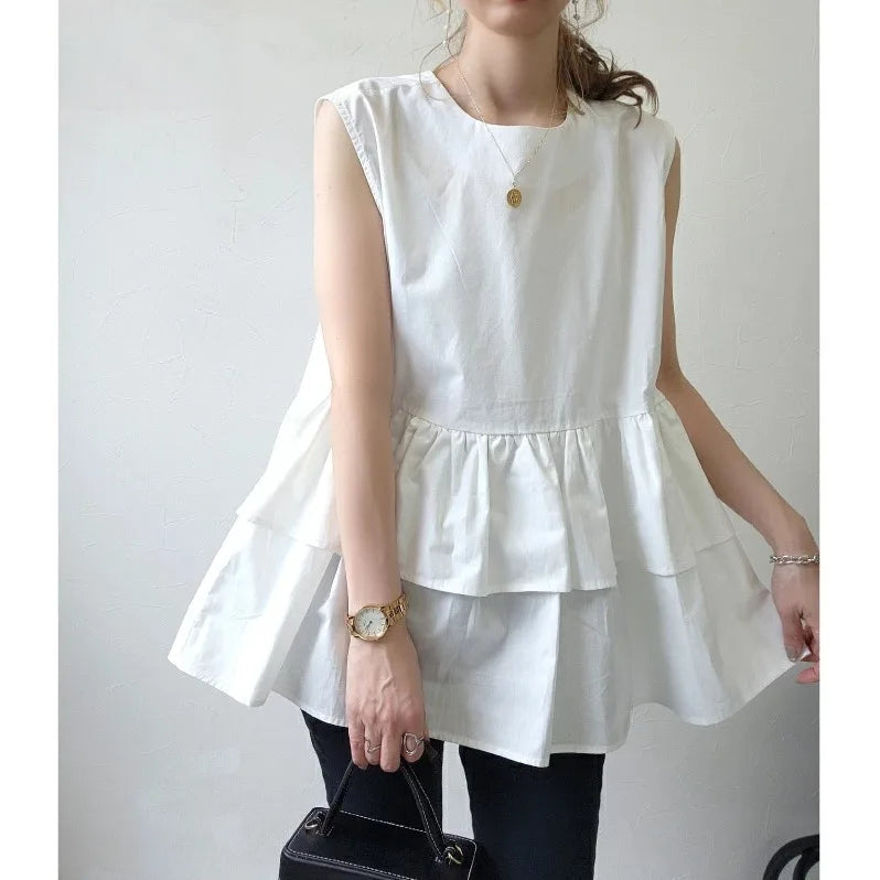 Japanese Style Ruffle Vest Top | Loose Fit Layered Blouse -  Écru Doux