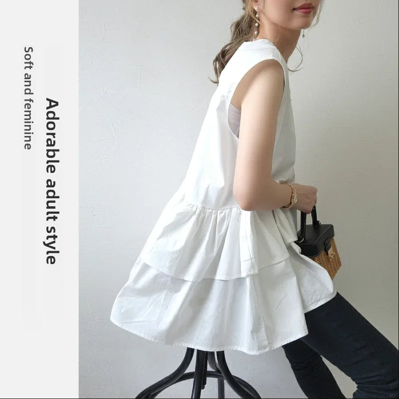 Japanese Style Ruffle Vest Top | Loose Fit Layered Blouse -  Écru Doux