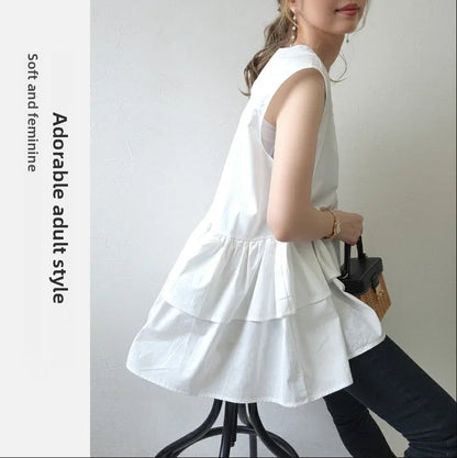 Japanese Style Ruffle Vest Top | Loose Fit Layered Blouse -  Écru Doux