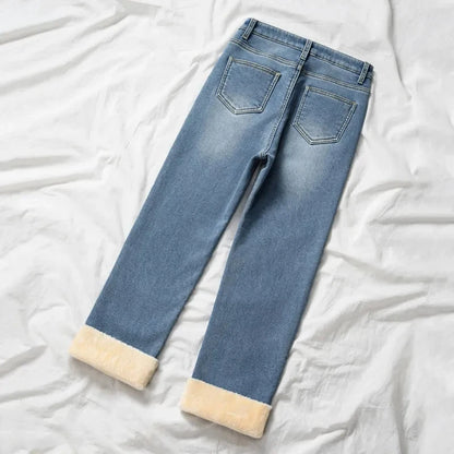 Autumn / Winter High Street Super Warm Thick Fleece Vaqueros Ankle Straight Jeans