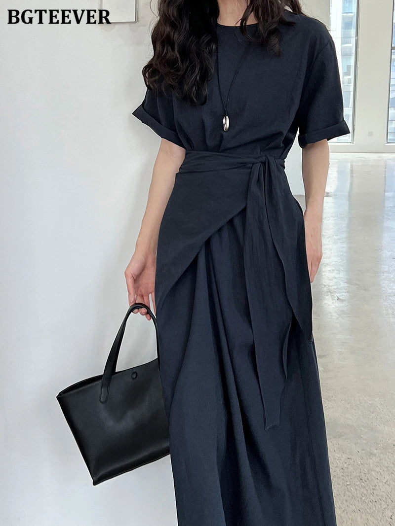 BGTEEVER Summer A-Line Dress | Slim Waist O-Neck Mid-Length