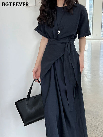 BGTEEVER Summer A-Line Dress | Slim Waist O-Neck Mid-Length