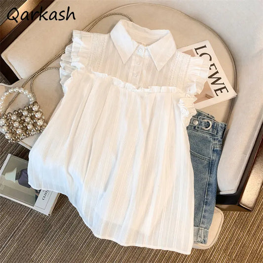 Women Kawaii Sleeveless Blouses with Solid Lace Ruffles Japanese Style