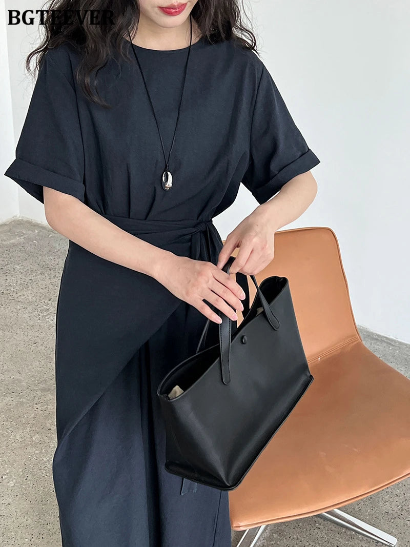 BGTEEVER Summer A-Line Dress | Slim Waist O-Neck Mid-Length