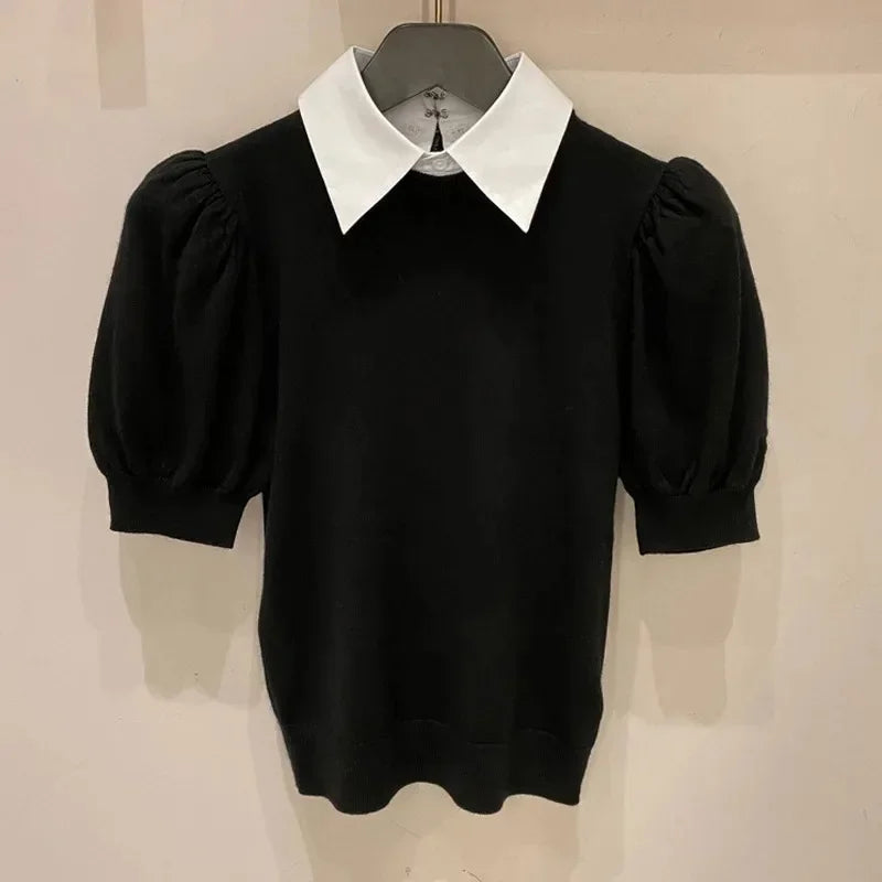 Woman Summer Camisetas Knit Vintage Puff Sleeve Tshirts with Fake Turndown Collar