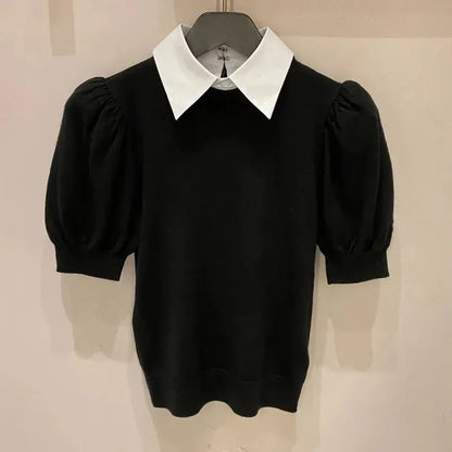 Woman Summer Camisetas Knit Vintage Puff Sleeve Tshirts with Fake Turndown Collar