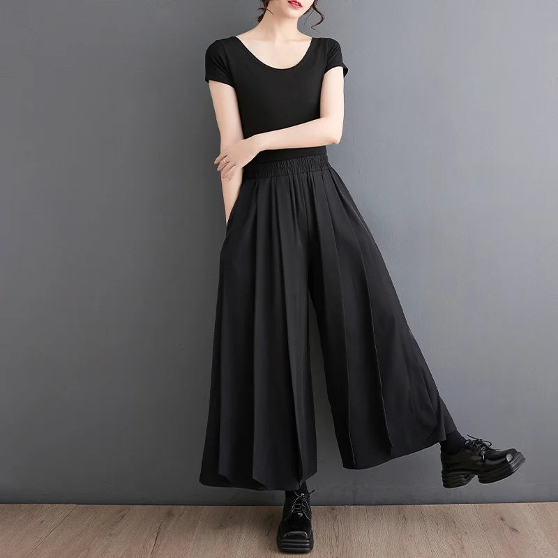 Black Pleated High Waisted Vintage Office Baggy Wide Leg Pants