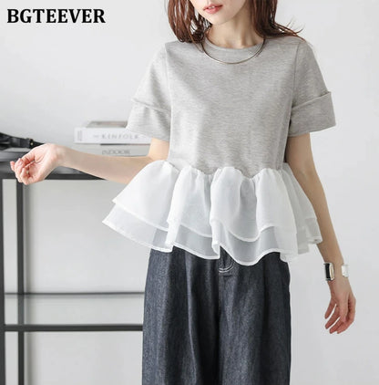 Japanese Style Short-Sleeved Ruffles Splicing T-Shirts