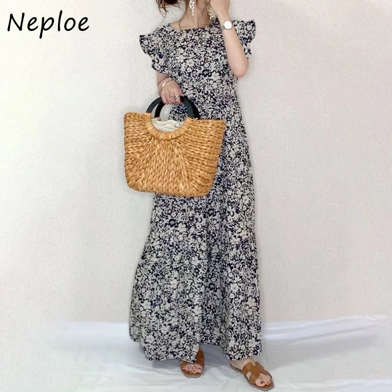 Kuzuwata New Ruffle Sleeve High Waist Robe Floral Print Maxi Dress