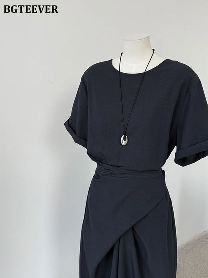 BGTEEVER Summer A-Line Dress | Slim Waist O-Neck Mid-Length
