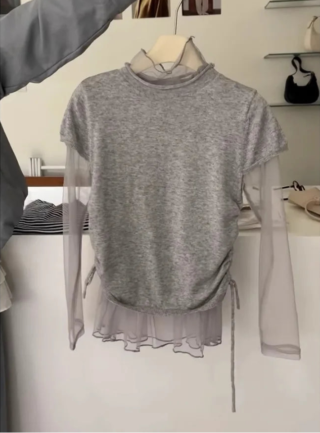 Women’s Short  Sleeve Top with Sheer Chiffon Layers & Tie Side Detail T-Shirts