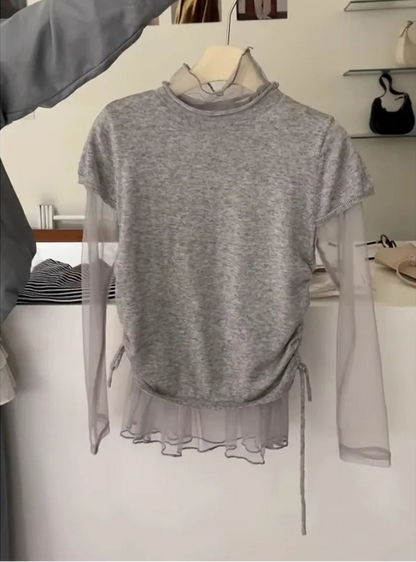 Women’s Short  Sleeve Top with Sheer Chiffon Layers & Tie Side Detail T-Shirts