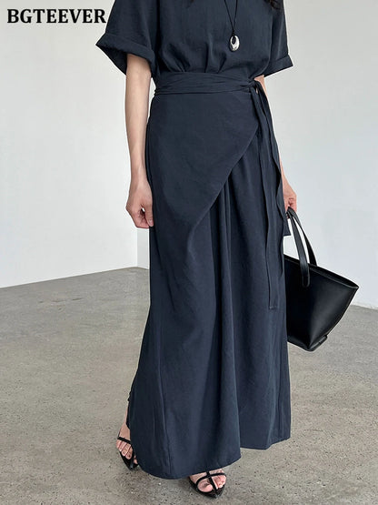 BGTEEVER Summer A-Line Dress | Slim Waist O-Neck Mid-Length