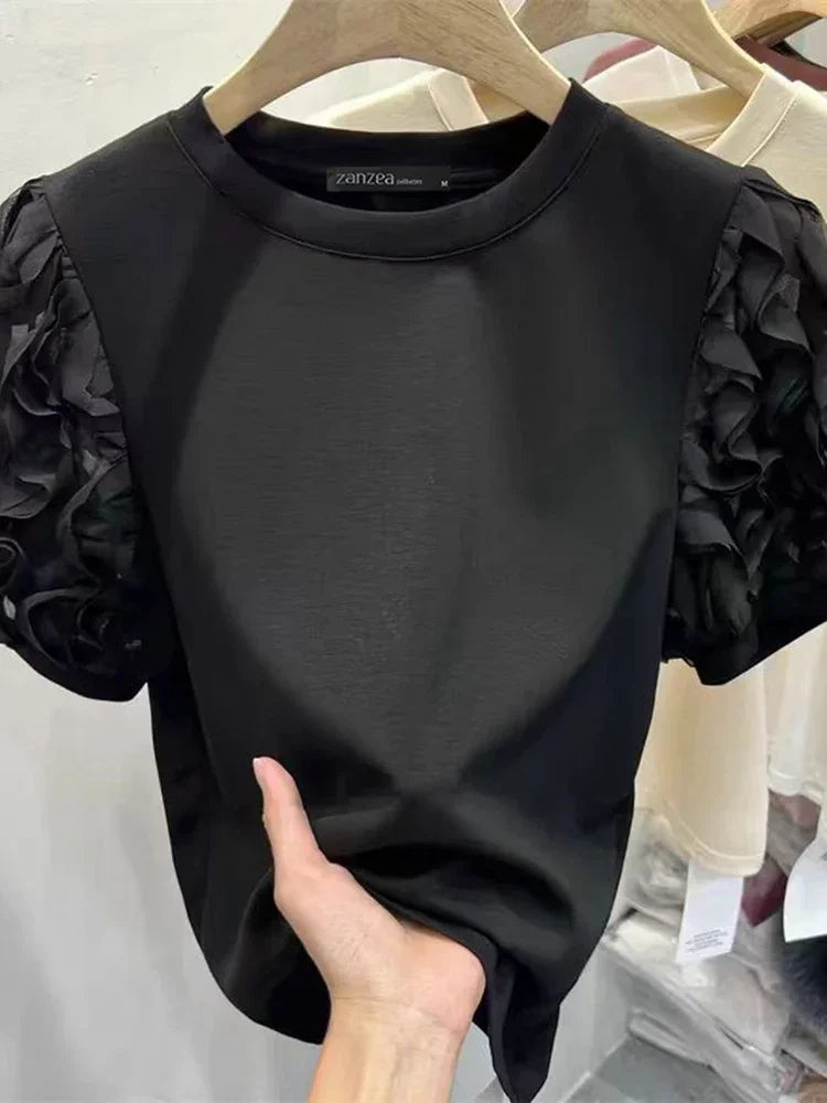 Ruffled Patchwork Lantern Short Sleeve Vintage Blouse - Écru Doux