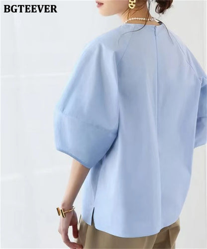 BGTEEVER Casual Puff Sleeve Blouse | Summer O-Neck Loose Top