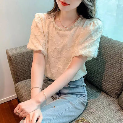 Kawaii French Bead Puff Short-Sleeved Chiffon Shirt