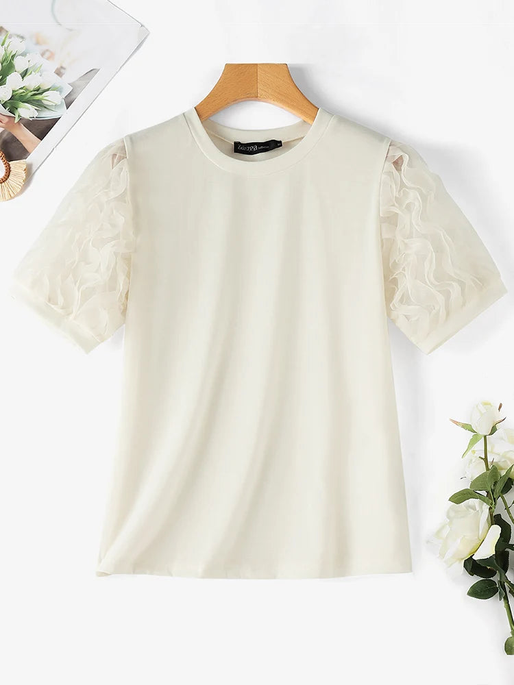 ZANZEA Ruffled Patchwork Lantern Short Sleeve Vintage Tunics Blouse