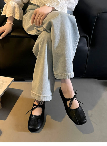 Soft Leather Ballet Flats with Butterfly Knot for Women